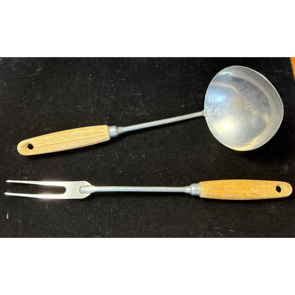 Vintage Ekco Eterna Stainless Steel Wood Handle Ladle and Meat Fork Set, USA